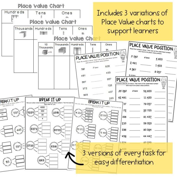 Place Value Worksheets & Games - Differentiated | Grade 3 & 4 - Rainbow Sky Creations