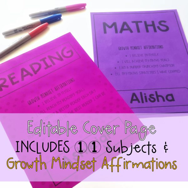 Growth Mindset Editable Book Covers | Editable Subject Page Covers - Rainbow Sky Creations