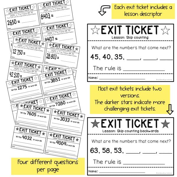 Math Exit Tickets | Exit Slips | Math Assessment | Number Sense Grade 3 - Rainbow Sky Creations