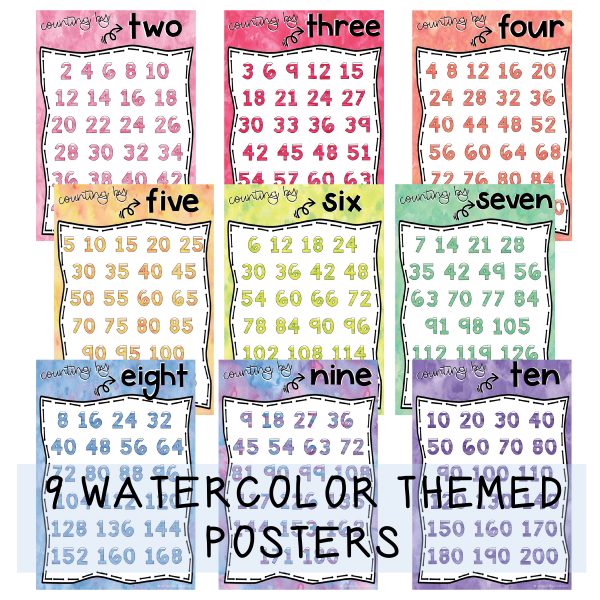 Skip Counting Posters | Watercolor Theme - Rainbow Sky Creations