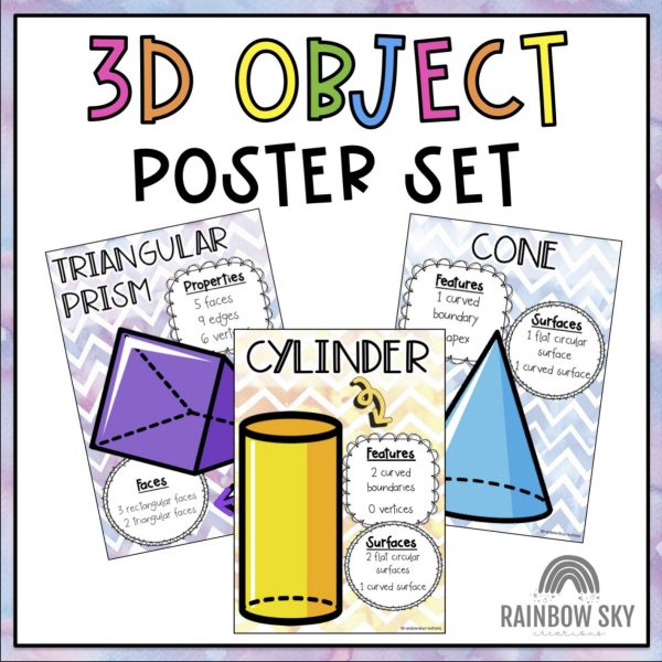 3D Objects Poster Set | Geometry Watercolour Posters - Rainbow Sky Creations