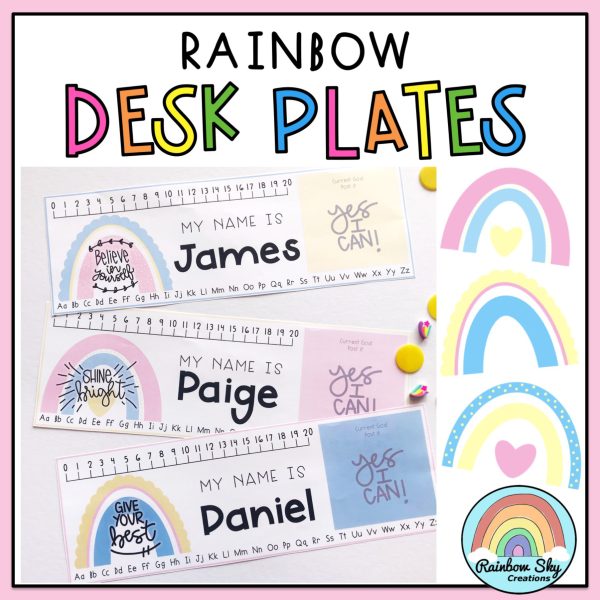 Goal Setting Desk Plates | Desk Name Tags | Pastel Rainbow Theme - Rainbow Sky Creations