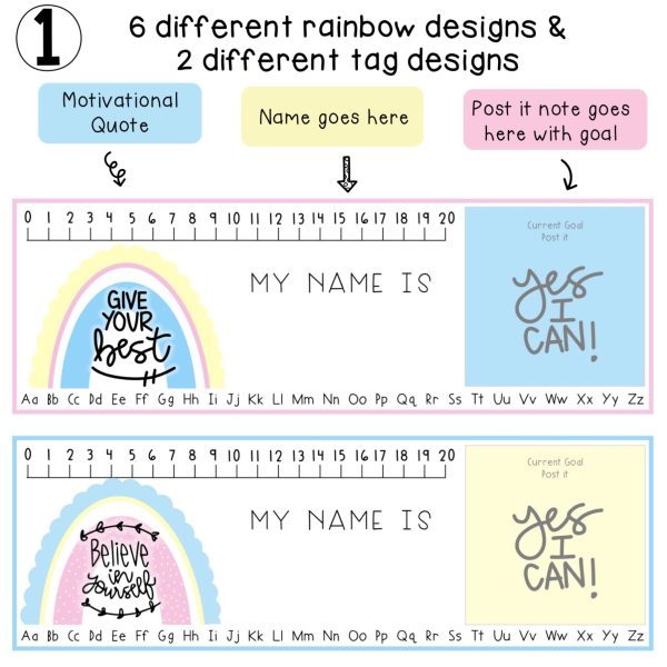 Goal Setting Desk Plates | Desk Name Tags | Pastel Rainbow Theme - Rainbow Sky Creations