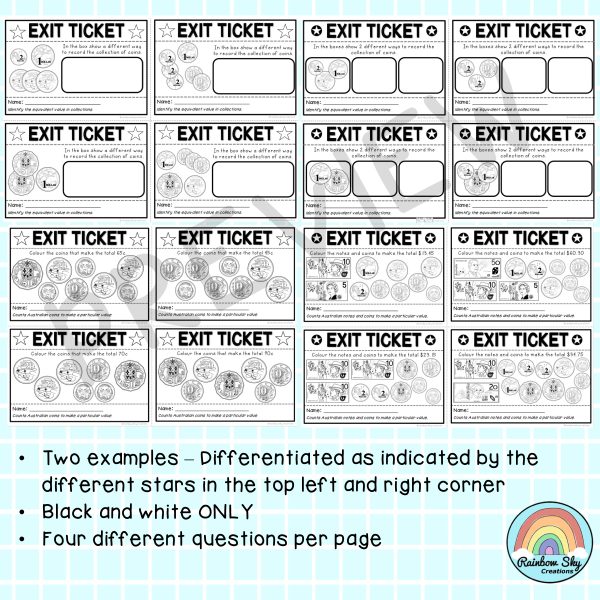 Australian Money Exit Tickets | Exit Slips | Math Assessment | Grade 2 - Rainbow Sky Creations