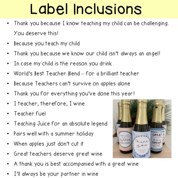 Teacher Christmas Gift - Wine Labels - Rainbow Sky Creations