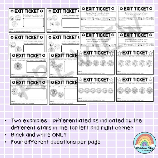 Australian Money Exit Tickets | Exit Slips | Math Assessment | Grade 1 - Rainbow Sky Creations
