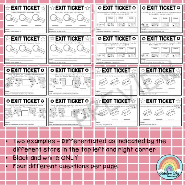 Australian Money Exit Tickets | Math Exit Slips | Math Assessment | Grade 4 - Rainbow Sky Creations