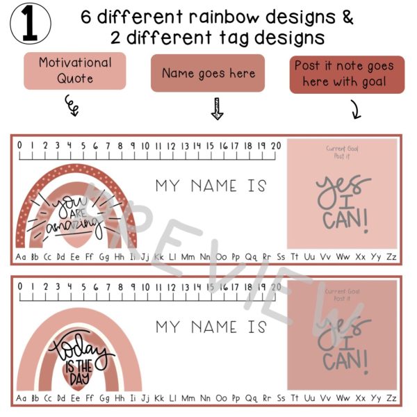 Goal Setting Desk Plates | Desk Name Tags [Natural Blush Rainbow Theme] - Rainbow Sky Creations