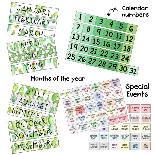 Daily and Monthly Calendar Display [Cactus & Succulent Themed] - Rainbow Sky Creations