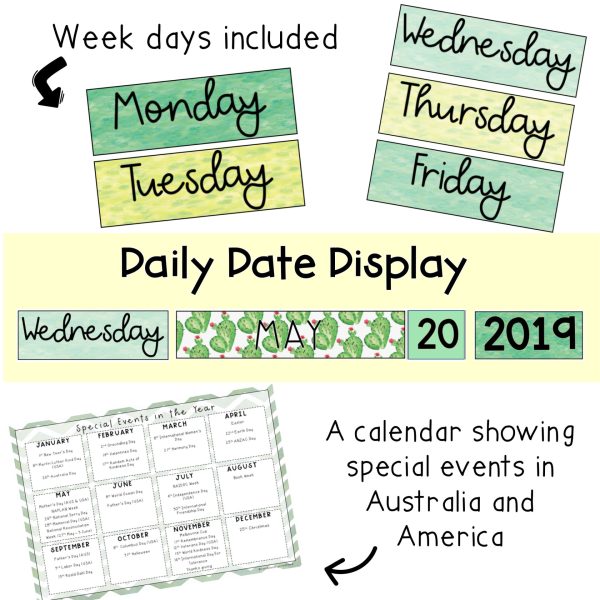 Daily and Monthly Calendar Display [Cactus & Succulent Themed] - Rainbow Sky Creations