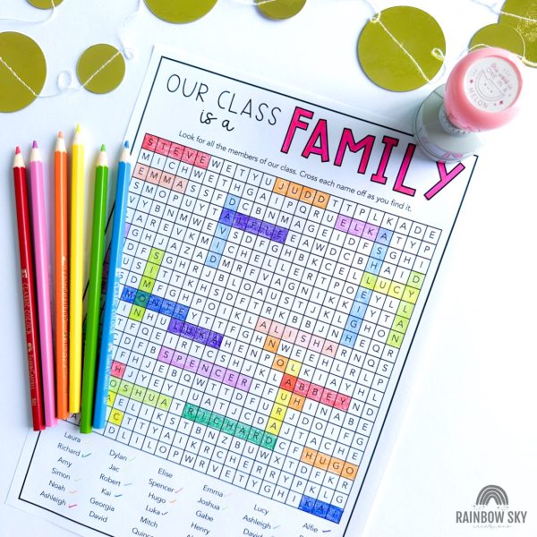 Class Name Find a Word - Back to School Icebreaker - Rainbow Sky Creations