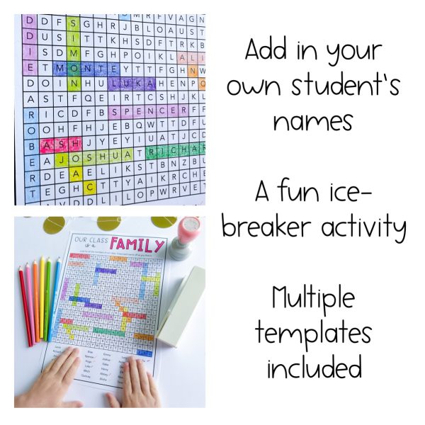 Class Name Find a Word - Back to School Icebreaker - Rainbow Sky Creations