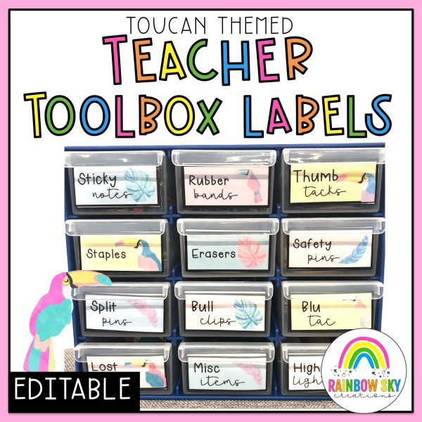 Editable Teacher Toolbox Labels [Toucan theme] - Rainbow Sky Creations