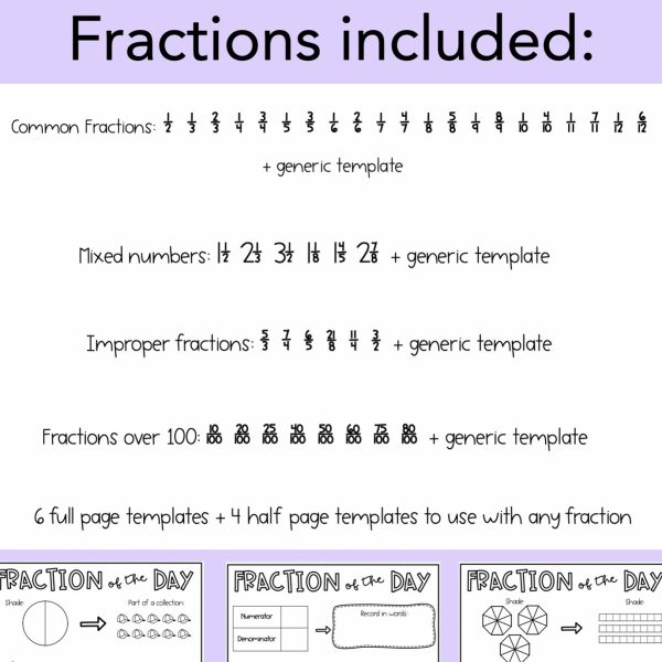 Fraction of the Day | Common fractions, improper fractions, mixed numbers - Rainbow Sky Creations