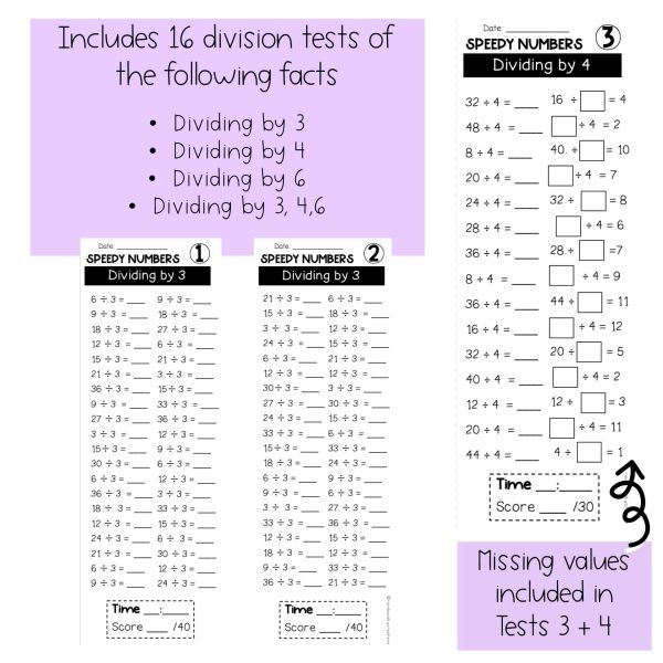 Division Speed Test Booklet Dividing by 3 4 6