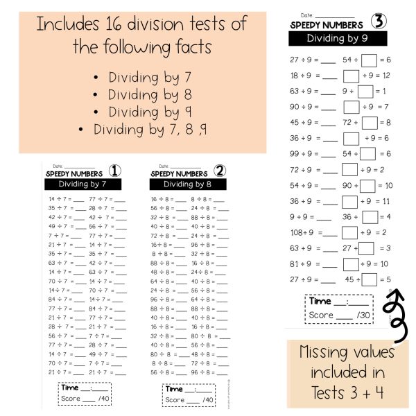 Division Speedy Number Booklet Dividing by 7 8 9