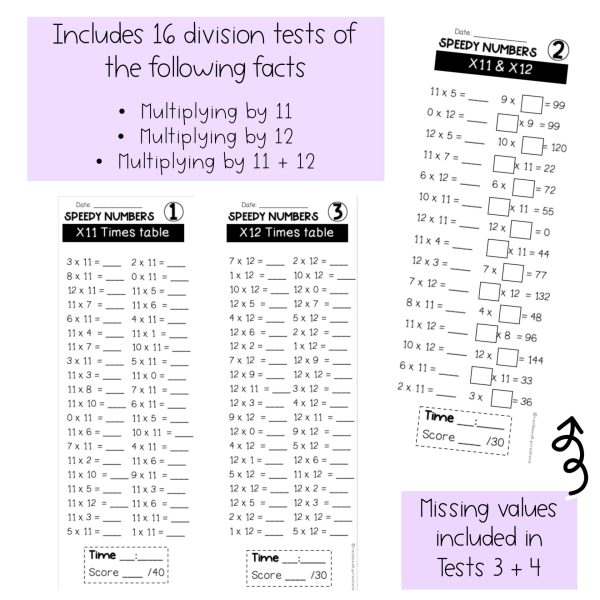 Multiplication Facts Speed Numbers Booklet by 11 and 12