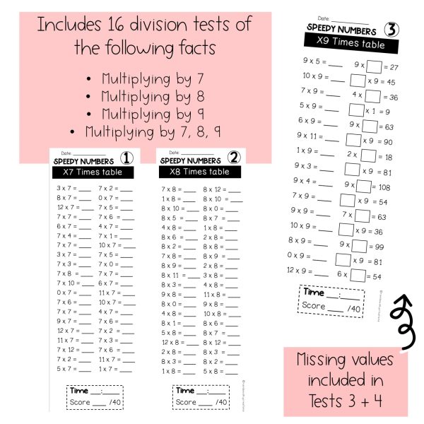 Multiplication Facts Speedy Numbers booklet | Multiplying by 7, 8, 9
